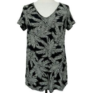 J. Jill Wearever Collection Black White V-Neck SS Pullover Top Palm Leaf XS NEW
